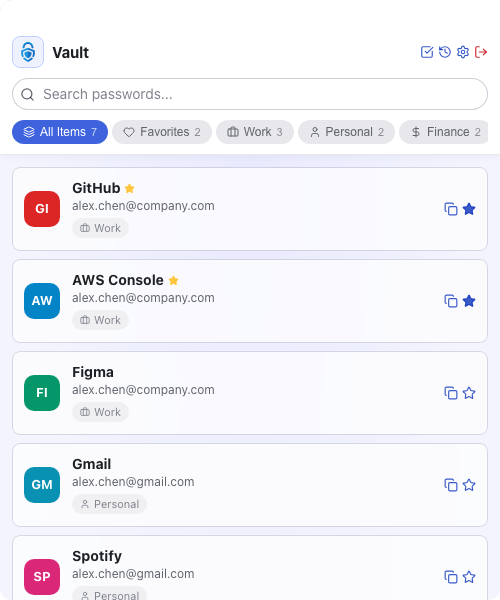 All your credentials, organized in one place.