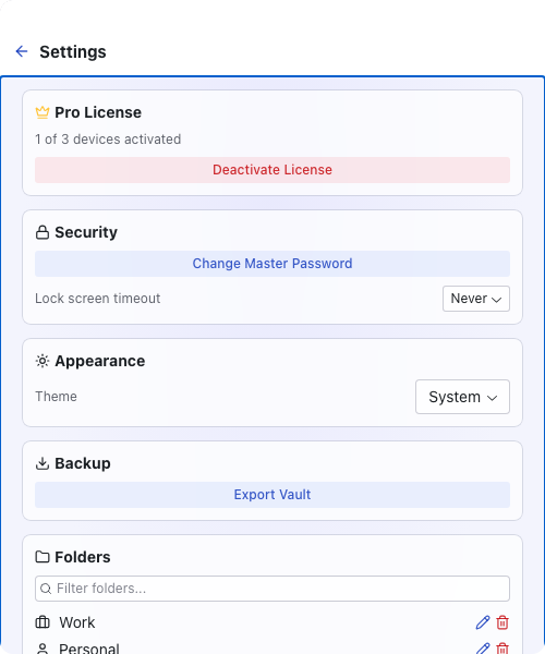 Lock screen, master password, and encrypted backups.
